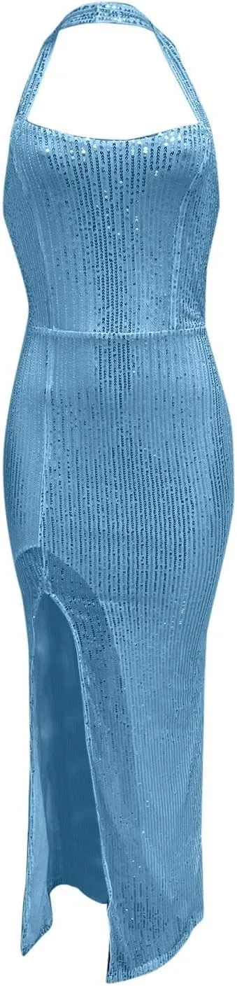 Women's Sexy Halter Neck Bodycon Sequin Gown Evening Dress with Slit Sleeveless Cocktail Prom Club Party Maxi Dresses