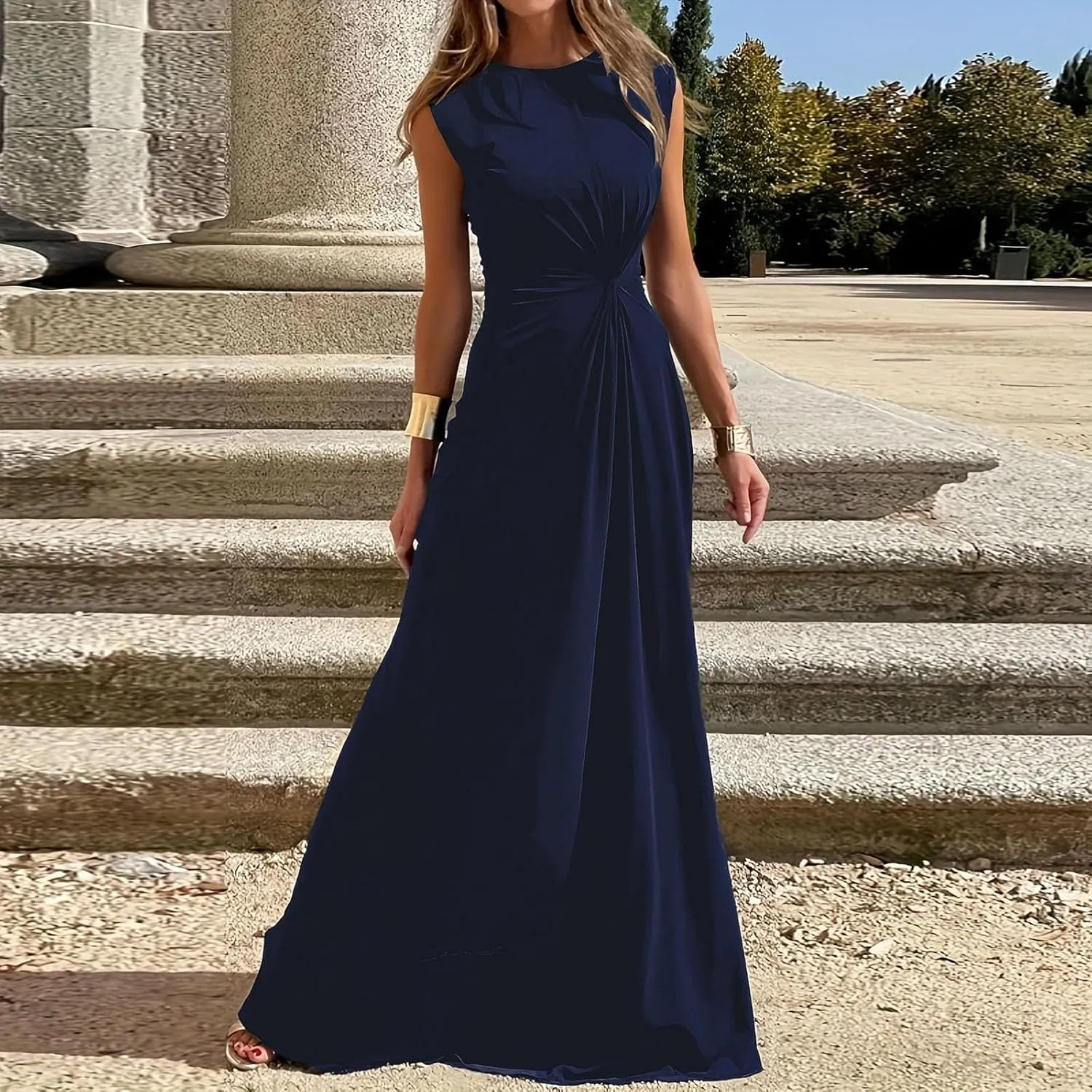 Womens Solid Round Neck Long Sleeved Patchwork Long Skirt Is Fashionable and Comfortable Casual Fall Dress