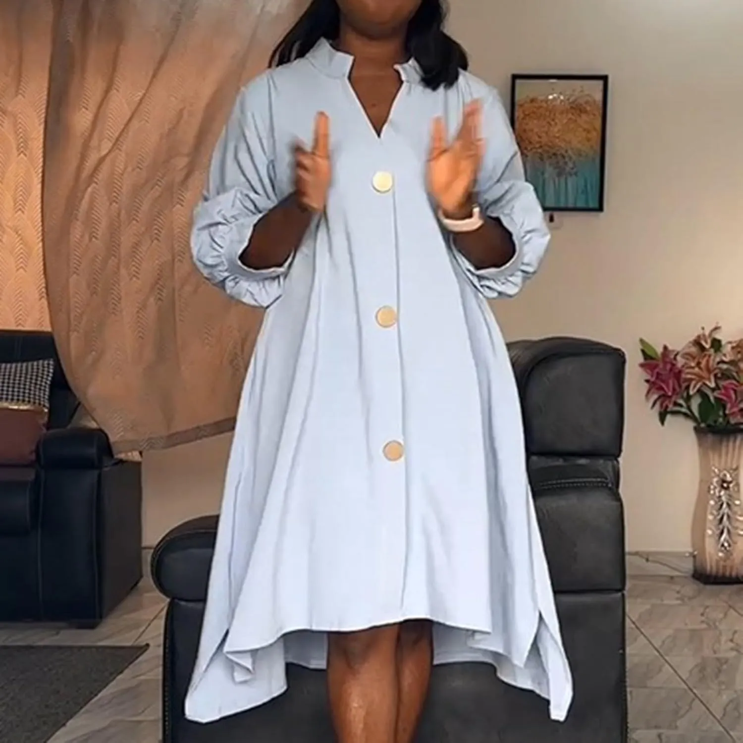 Womens Solid Round Neck Long Sleeved Patchwork Long Skirt Is Fashionable and Comfortable Casual Summer