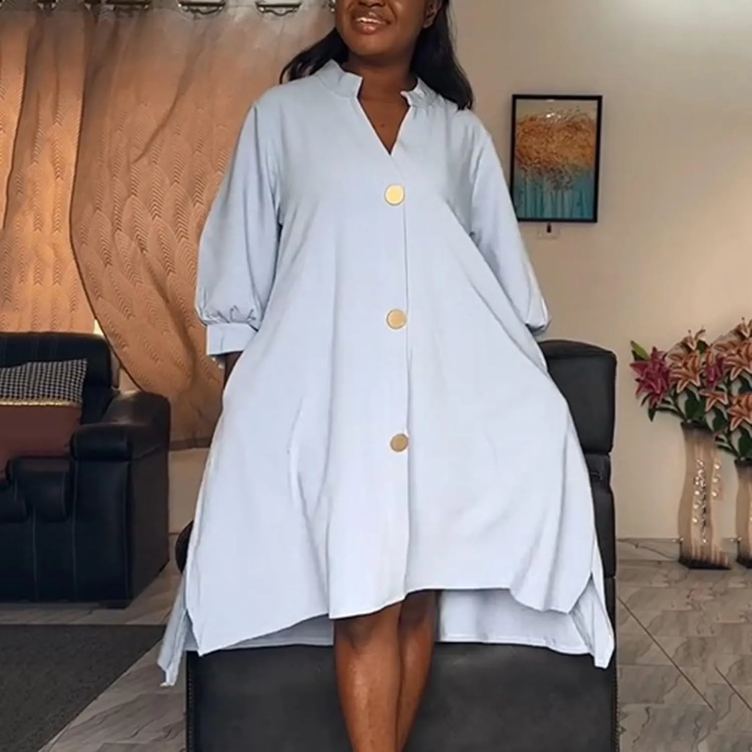 Womens Solid Round Neck Long Sleeved Patchwork Long Skirt Is Fashionable and Comfortable Casual Summer
