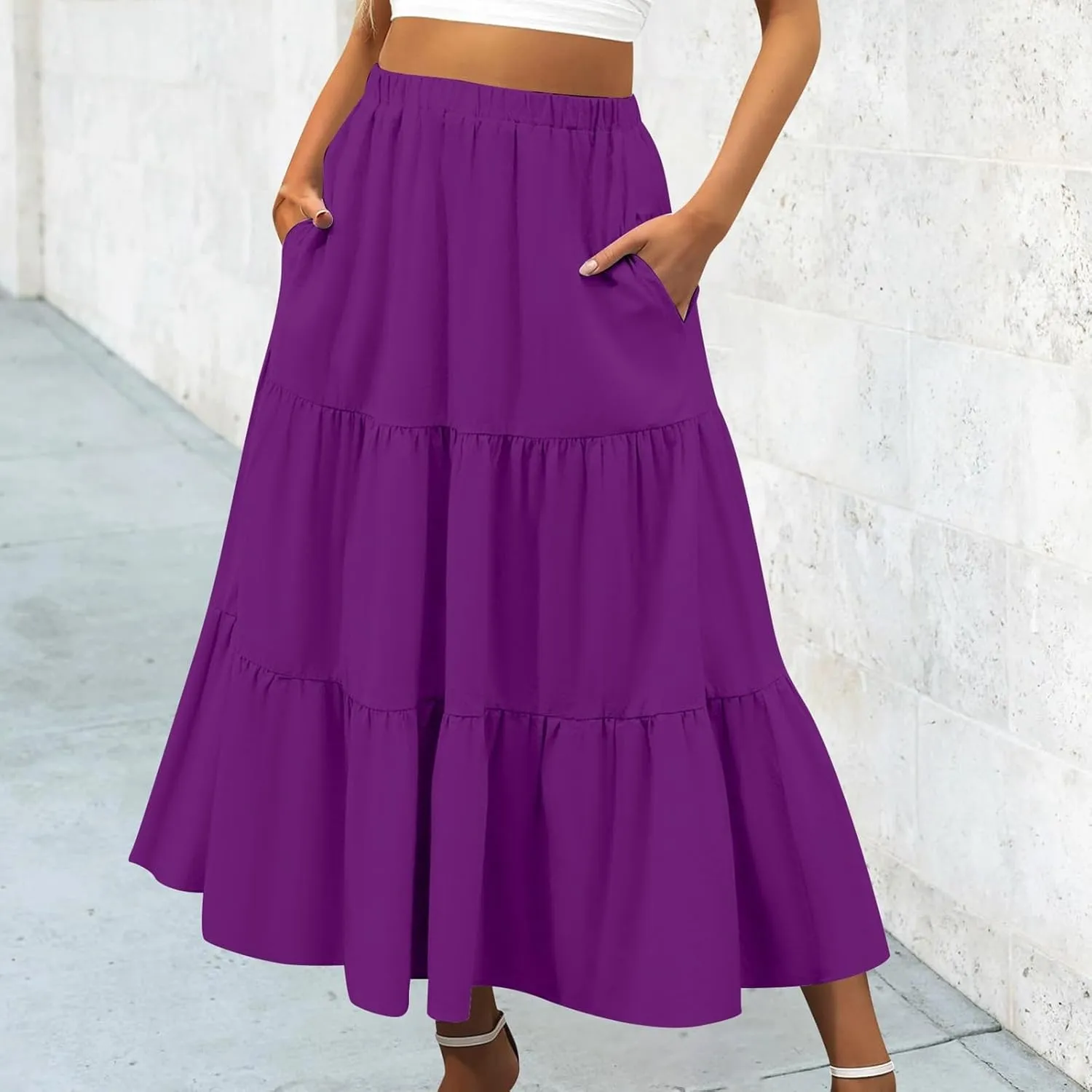 Womens Summer Boho Elastic Waist A-Line Beach Flowy Swing Ruffle Hem Tiered Comfy Casual Maxi Skirt with Pockets