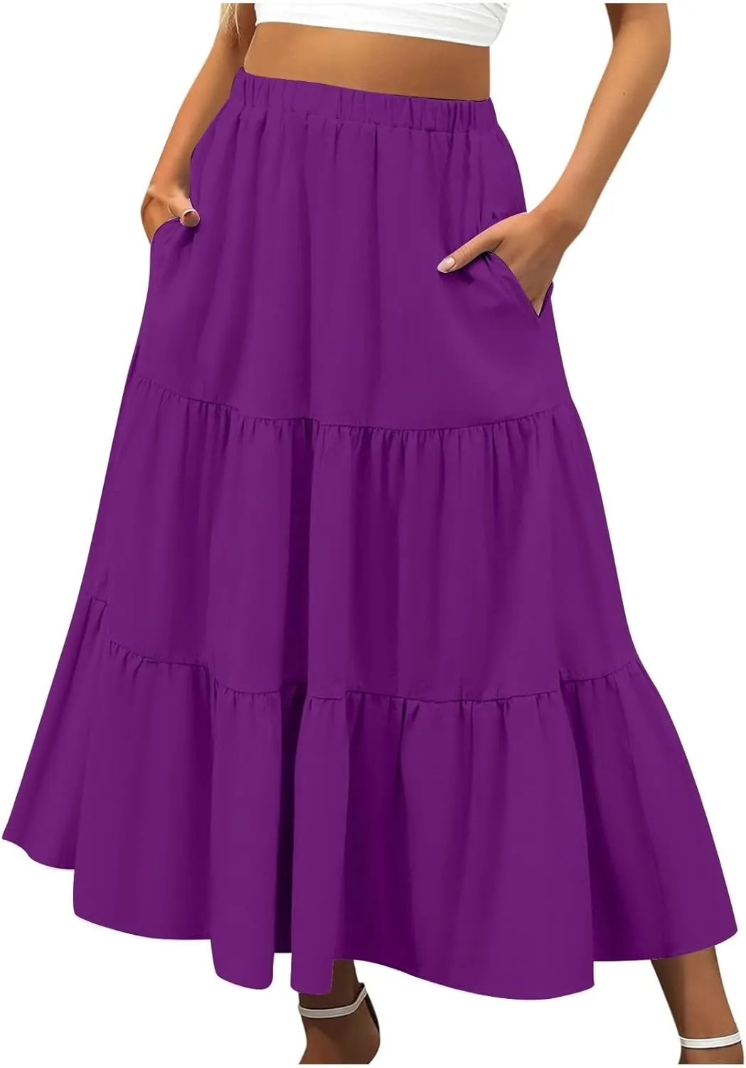 Womens Summer Boho Elastic Waist A-Line Beach Flowy Swing Ruffle Hem Tiered Comfy Casual Maxi Skirt with Pockets