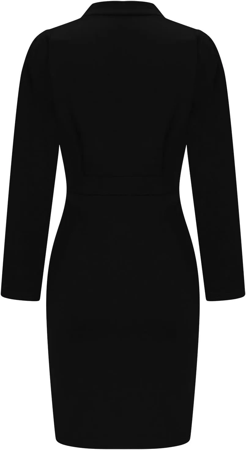 Women's Trendy Ruched Bodycon Dress Long Sleeve Wrap V Neck Midi Summer Dresses High Waisted Solid Color Casual Dress