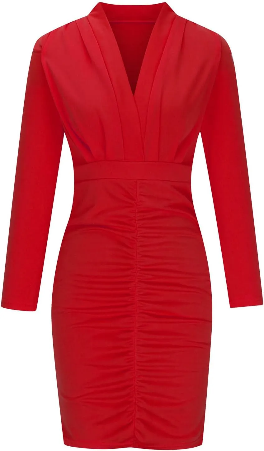 Women's Trendy Ruched Bodycon Dress Long Sleeve Wrap V Neck Midi Summer Dresses High Waisted Solid Color Casual Dress