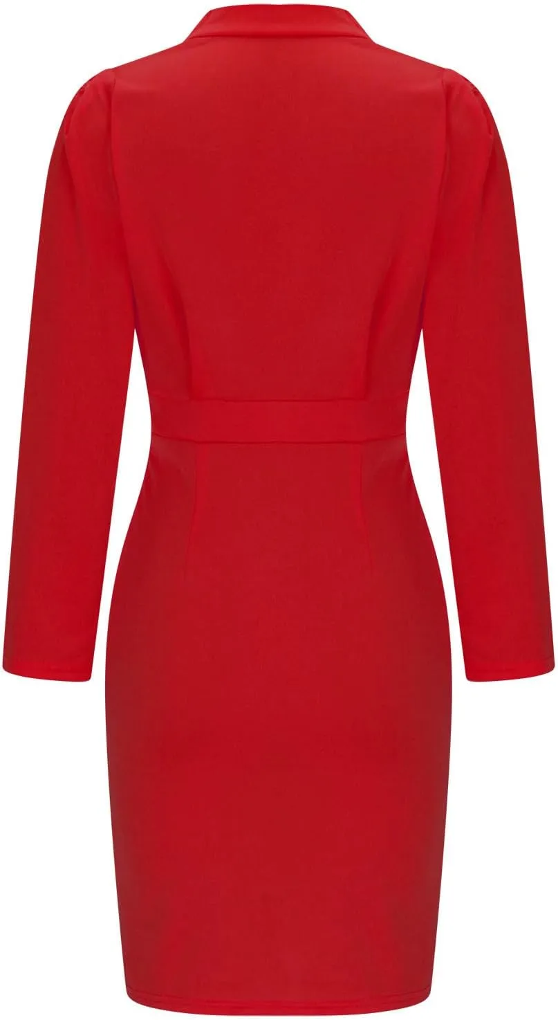 Women's Trendy Ruched Bodycon Dress Long Sleeve Wrap V Neck Midi Summer Dresses High Waisted Solid Color Casual Dress