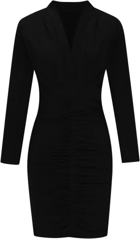Women's Trendy Ruched Bodycon Dress Long Sleeve Wrap V Neck Midi Summer Dresses High Waisted Solid Color Casual Dress