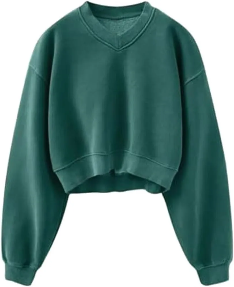 Womens V Neck Cropped Sweatshirt Long Sleeve Crop Pullover Fleece Hoodie Fall Fashion Athletic Workout Crop Tops