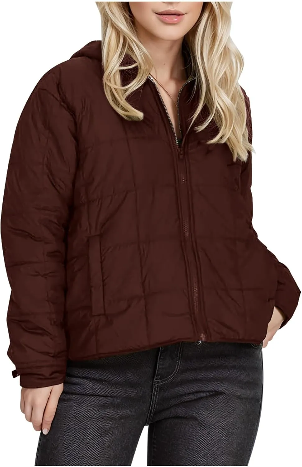 Womens Winter Coat Quilted Puffer Fleece Sherpa Zip Up Jackets Oversize Long Sleeve Warm Outwear with Pockets