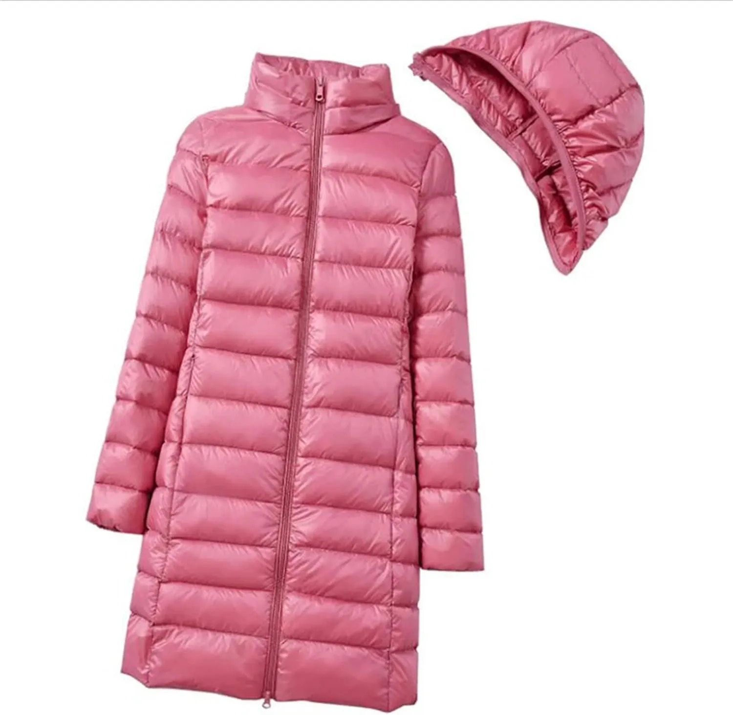 Womens Winter Down Jackets Long Light Thin Casual Puffer Coat Slim Hooded Parka
