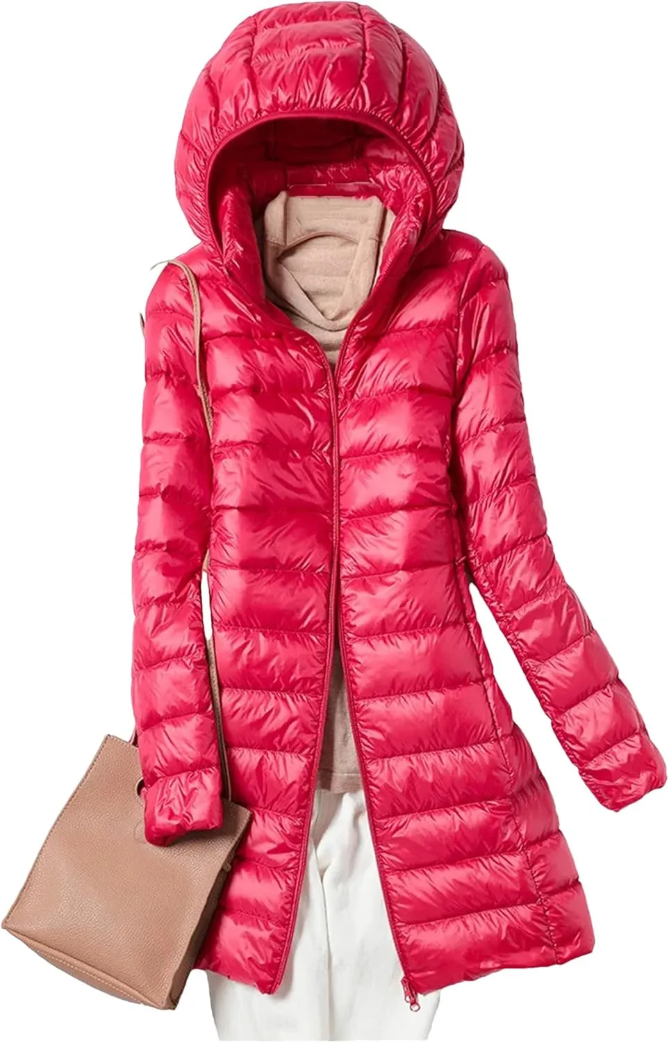 Womens Winter Down Jackets Long Light Thin Casual Puffer Coat Slim Hooded Parka