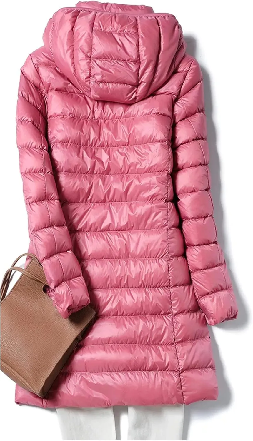 Womens Winter Down Jackets Long Light Thin Casual Puffer Coat Slim Hooded Parka